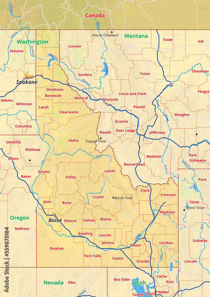 Idaho Karte mit Städte Gemeinde Landkreise Flüße Straßen