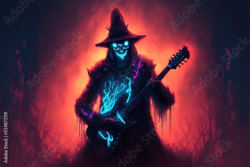 Mysterious man plays guitar in glowing fog