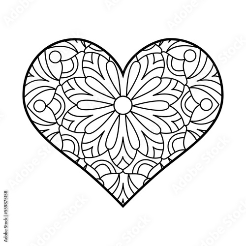 Vector heart linear illustration with mandala. Outline geometric and floral ornaments. Valentine's Day coloring
