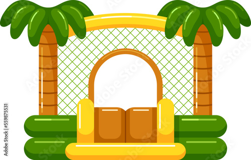 Bounce house, inflatable trampoline with toy palm trees and slide for children's summer games on playground, kids zone, home parties. Front view. Vector colorful flat isolated illustration 