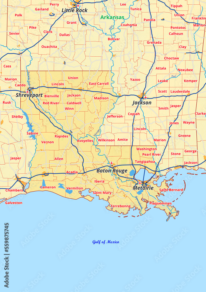 Louisiana Karte mit Städte Gemeinde Landkreise Flüße Straßen