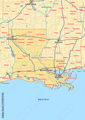 Louisiana Karte mit St  dte Gemeinde Landkreise Fl    e Stra  en