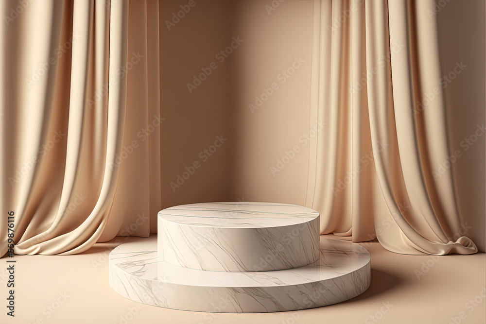 Beige marble platform surrounded by silky curtains. Valentine's day concept. Generative AI.