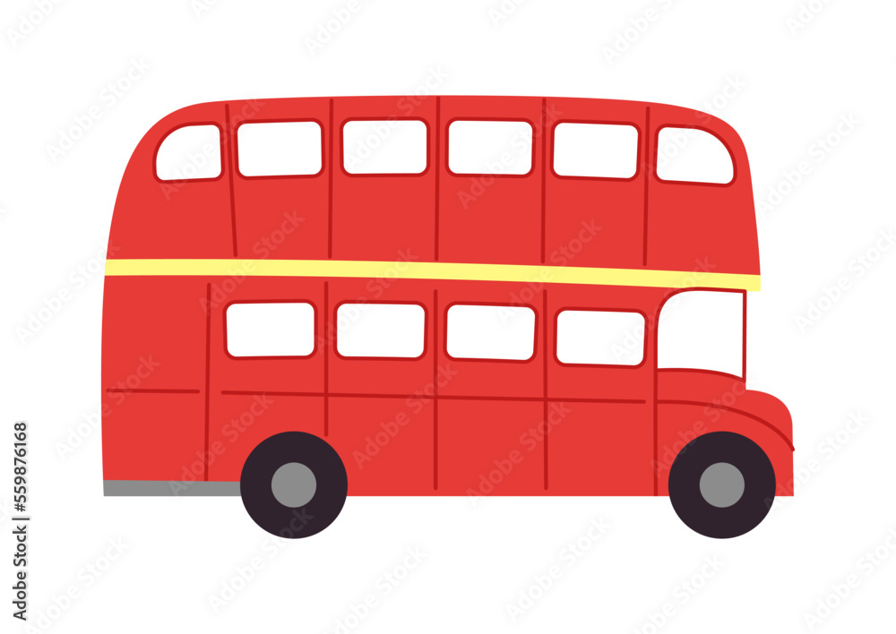 Vector cartoon british red bus. Isolated flat public vehicle on white