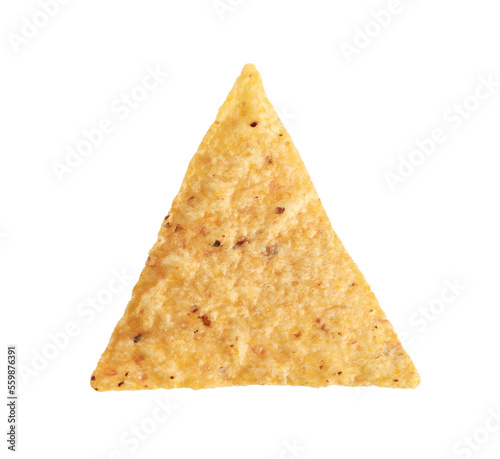 Isolated tortilla chip or nacho chips. Top view of one yellow triangle corn chip with transparent background. Mexican salty snack used for appetizer with salsa, tomato sauce, cheese or vegetables.  photo