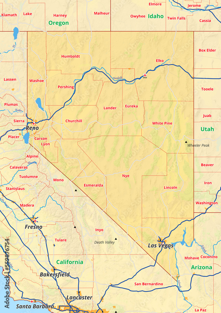 Nevada Karte mit Städte Gemeinde Landkreise Flüße Straßen