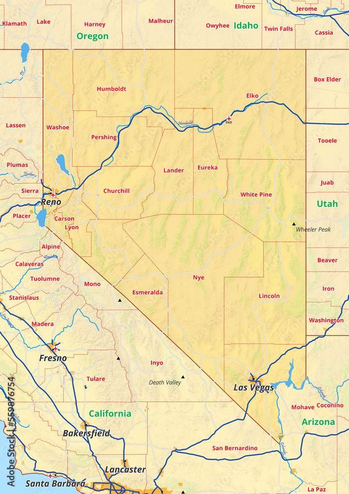 Nevada Karte Mit Städte Gemeinde Landkreise Flüße Straßen Stock 