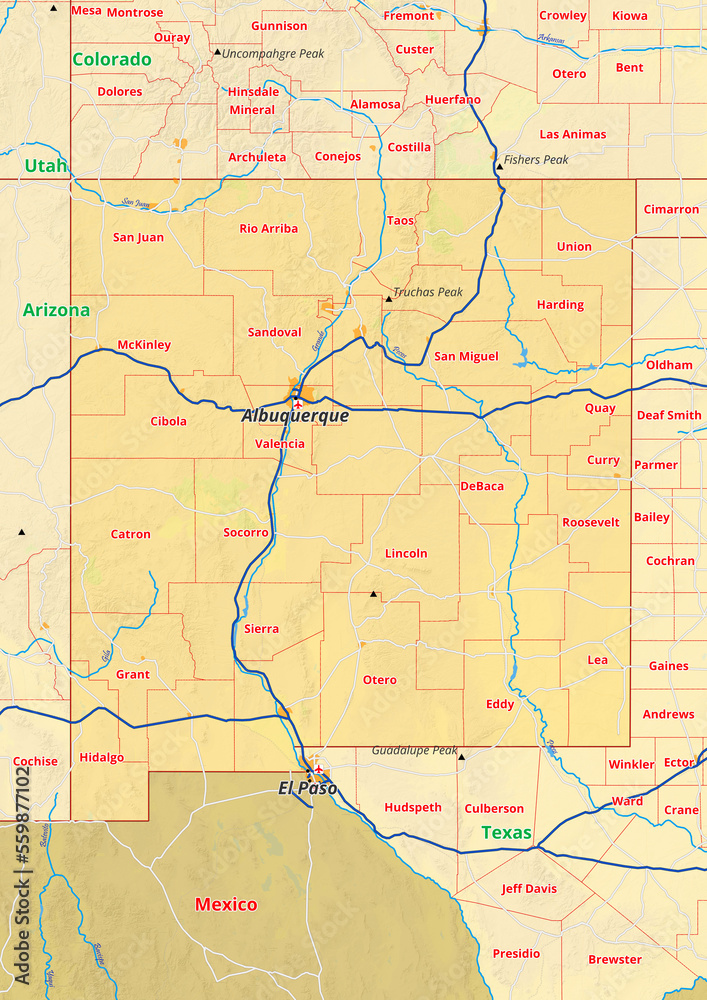 New Mexico Karte mit Städte Gemeinde Landkreise Flüße Straßen