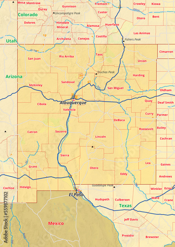 Obraz na plátně New Mexico Karte mit Städte Gemeinde Landkreise Flüße Straßen