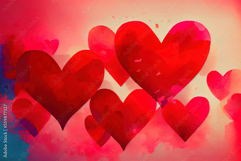 Red Hearts abstract background watercolour style painting. St. Valentine's day background.  
Digitally generated AI image