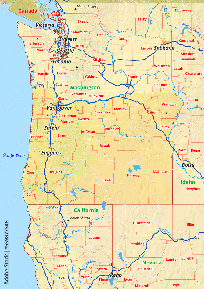 Naklejka premium Oregon Karte mit Städte Gemeinde Landkreise Flüße Straßen