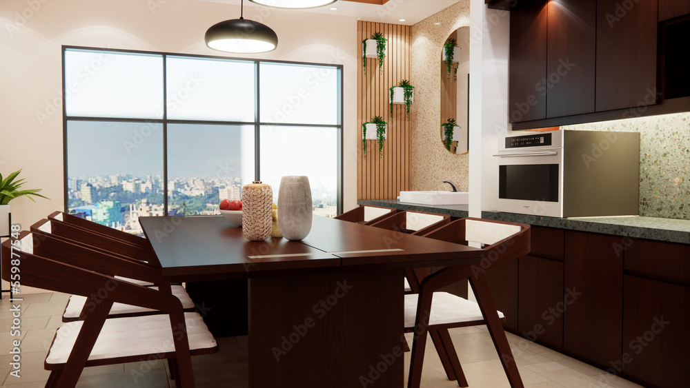 Modern Living Room Design with Dining & TV wall