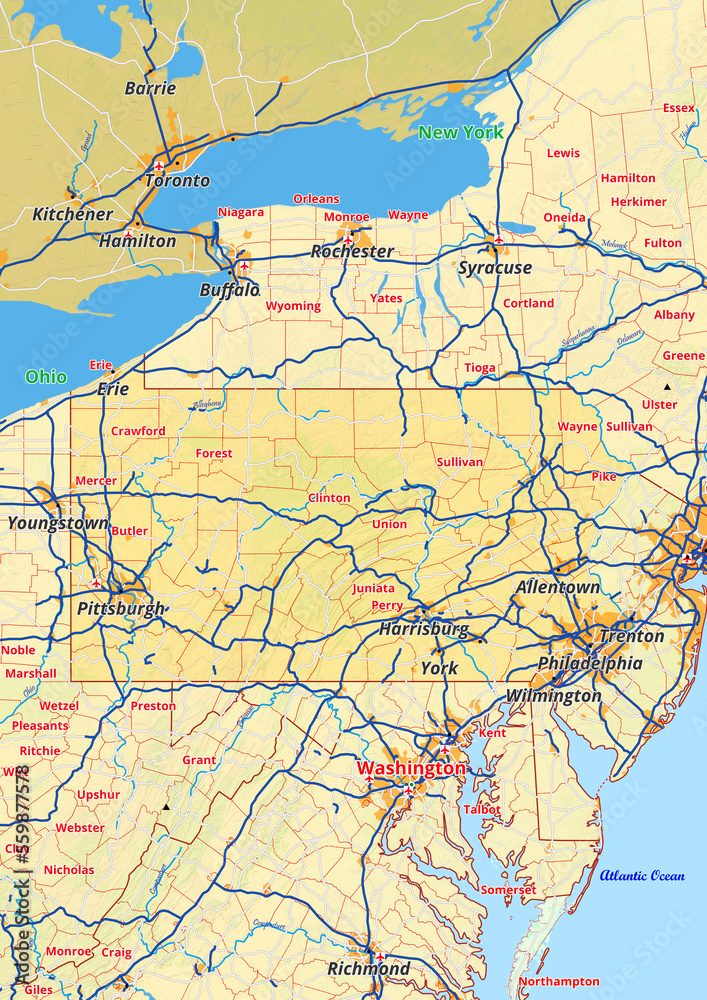 Fototapeta premium Pennsylvania Karte mit Städte Gemeinde Landkreise Flüße Straßen