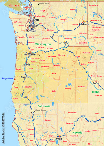 Oregon Karte mit Städte Gemeinde Landkreise Flüße Straßen