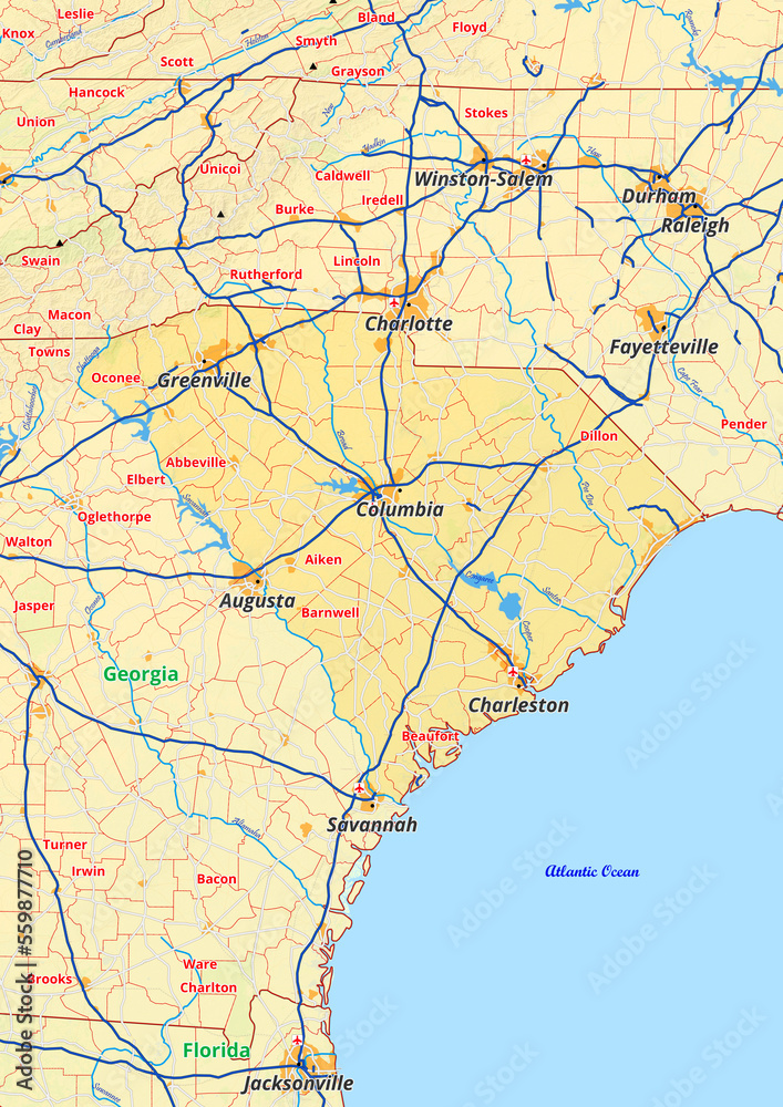 South Carolina Karte mit Städte Gemeinde Landkreise Flüße Straßen