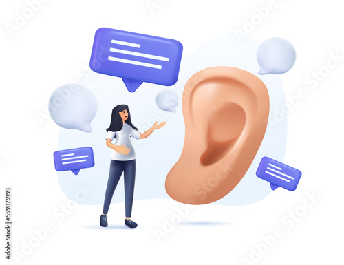 Active listening 3D illustration. Attentive character, correct manners, etiquette and courtesy. Young girl next to big ear. Conversation, communication, collaboration. 3D render vector illustration