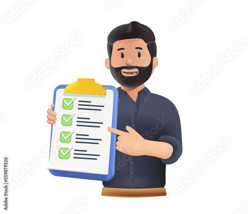 Man holding a checklist notebook with written To do list. 3D render cartoon vector design illustrations. Check list, plan, marketing business plan. Character 3D business illustration