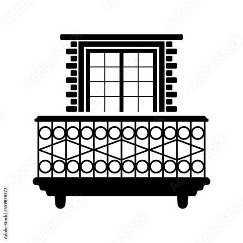 Balcony and window icon. Black contour linear silhouette. Front view. Vector simple flat graphic illustration. Isolated object on a white background. Isolate.