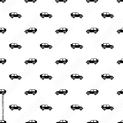 Small black SUVs isolated on white background. Side view. Monochrome seamless pattern. Vector simple flat graphic illustration. Texture.