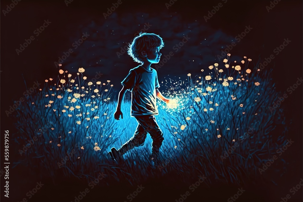 A boy runs through a flower field at night