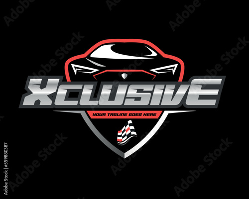 Automotive Logo Car Shield Emblem with Race Flag in Black and Red and Metallic effect
