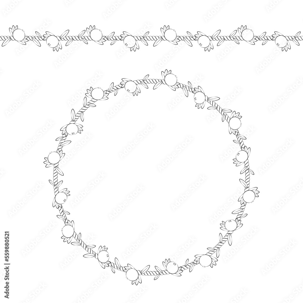 Seamless pattern and frame of the cord with cranberries, lingonberries and leaves. Isolated objects on white. Seamless pattern and frame of the cord with cranberries, lingonberries and leaves. Isolated objects on white.