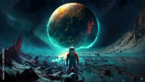 Astronaut watches destruction of a discovered alien planet in space. Black hole, destructive glowing cosmic matter. Cinematic abstract science fiction background seamless loop video.