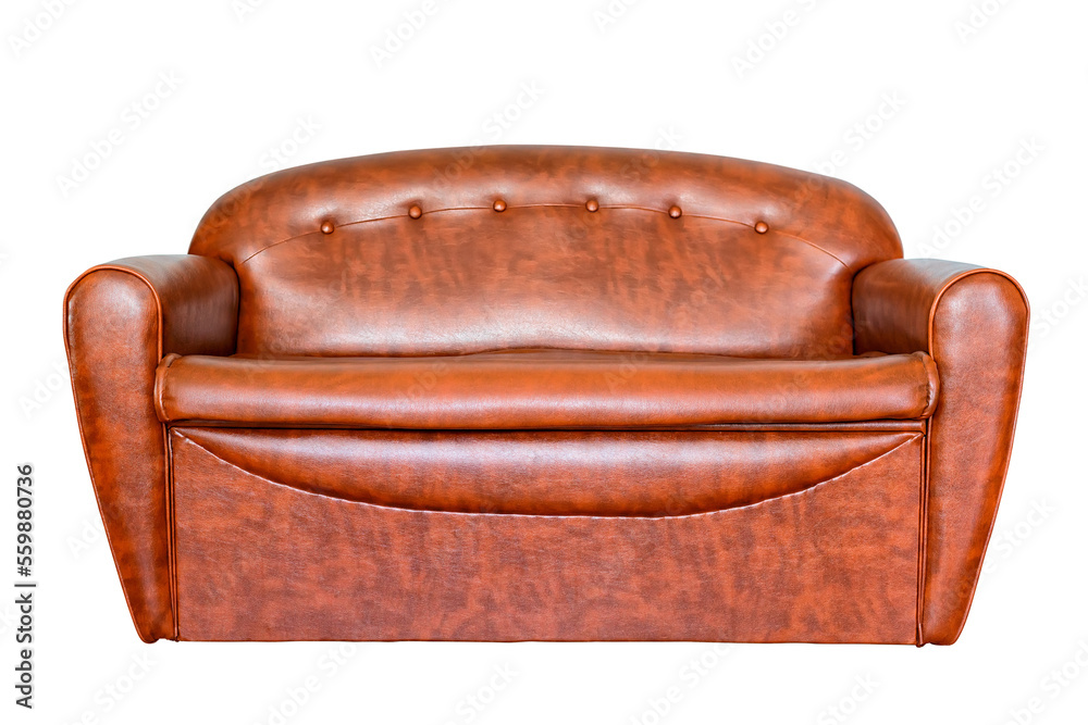 Vintage brown leather couch isolated png with transparency