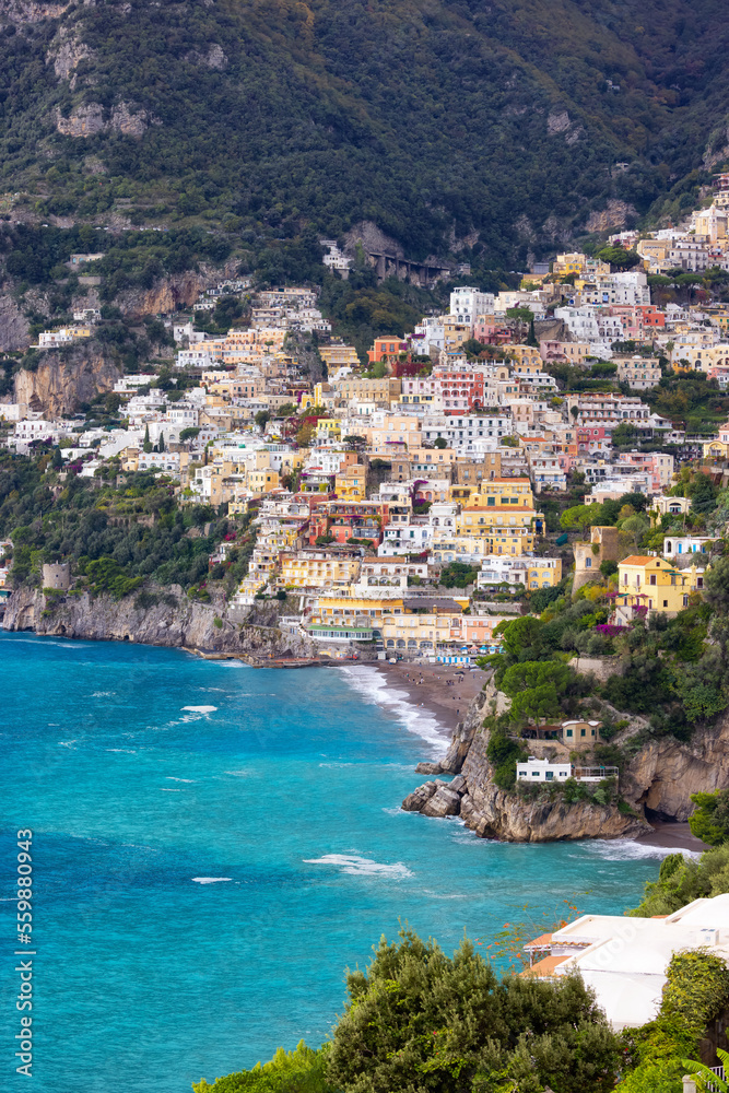 Touristic Town, Positano, on Rocky Cliffs and Mountain Landscape by the Tyrrhenian Sea. Amalfi Coast, Italy.