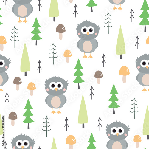 Cute seamless owl pattern. Childish texture with owls, trees and mushrooms. Vector illustration on white background.