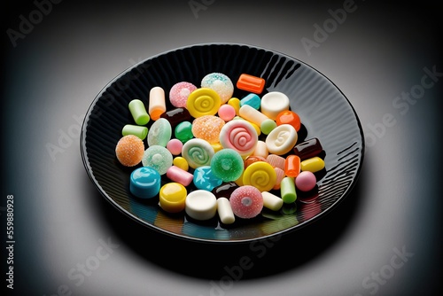  a bowl of candy candy on a black plate on a table top with a shadow of the bowl on the table and the bowl on the floor is half empty and half empty, half.