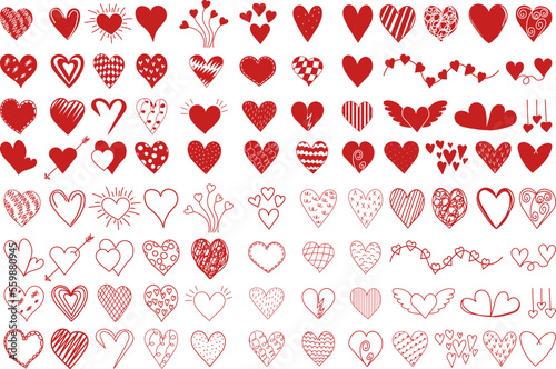 set of red hearts silhouette design vector isolated