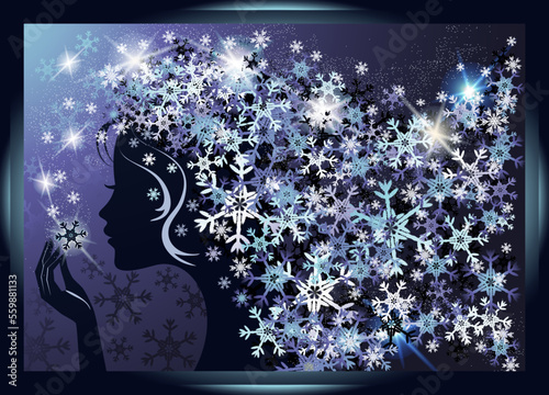 Winter time holiday card with young girl and snowflakes, vector illustration
