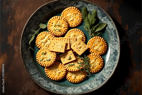  a plate of crackers with herbs and leaves on a table top with a spoon and napkin on it, with a wooden table in the background, a blue plate with a few crackers.