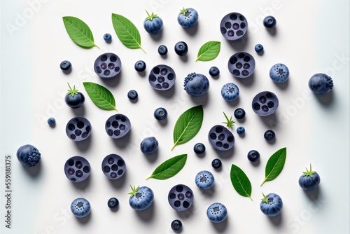  a group of blueberries with leaves on a white surface with a blue background and a green leaf on top of the blueberries is surrounded by smaller blueberries and the other blueberries.