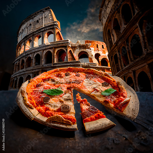 Photographie Monuments made of pizza, Pizza, pizzeria, realistic illustration, italian, food,
