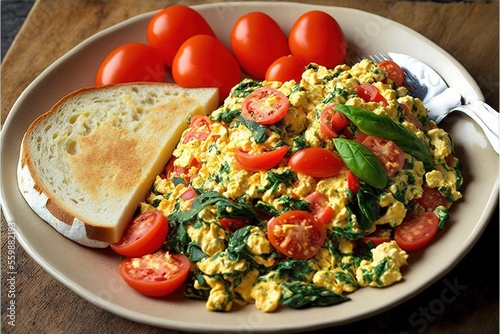  a plate of eggs, tomatoes, and toast on a table with a fork and knife and a spoon on it and a plate of bread and tomatoes on the side of the plate are on the.