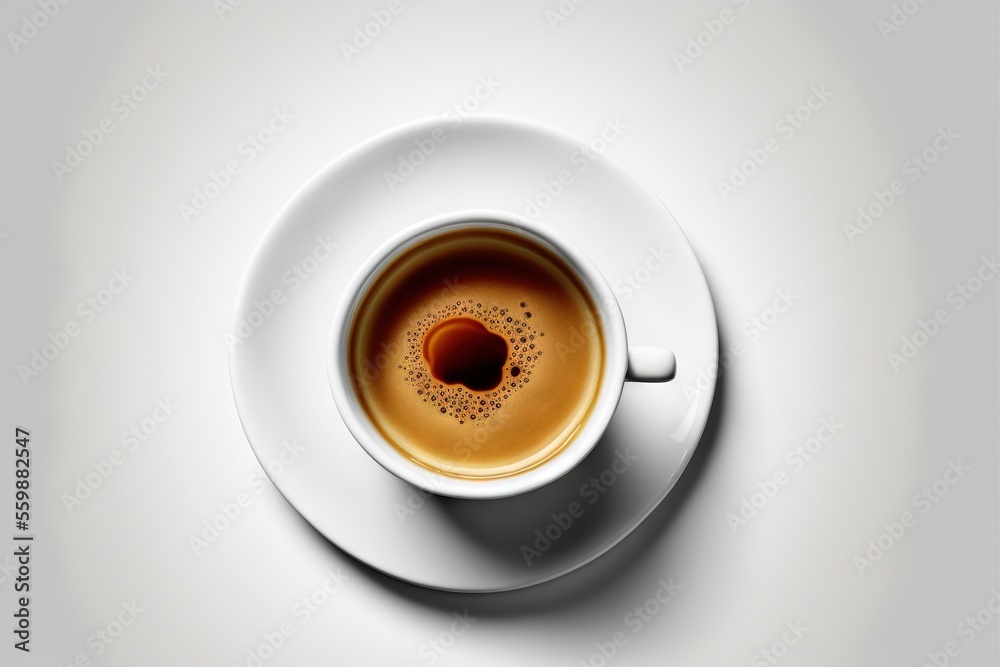  a cup of coffee on a saucer on a white table top with a shadow of a saucer on the side of the cup and a saucer on the side of the plate.