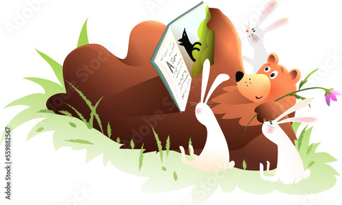 Cute bear reading fairytale book to rabbits in the forest lawn. Children clip art illustration with animals reading a book. Study and Education kids cartoon. Vector illustration in watercolor style.
