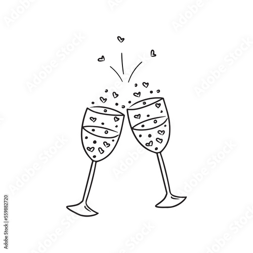 Two clink glasses with champagne sparkling with hearts love bubbles cheers in black isolated on white background. Hand drawn vector sketch illustration in simple doodle vintage engraved style.