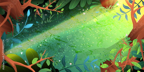 Magical lawn in the forest, top view landscape scenery with the beam light. Colorful woods or jungle lawn in daylight. Exotic meadow sunshine wallpaper. Vector illustration in watercolor style.