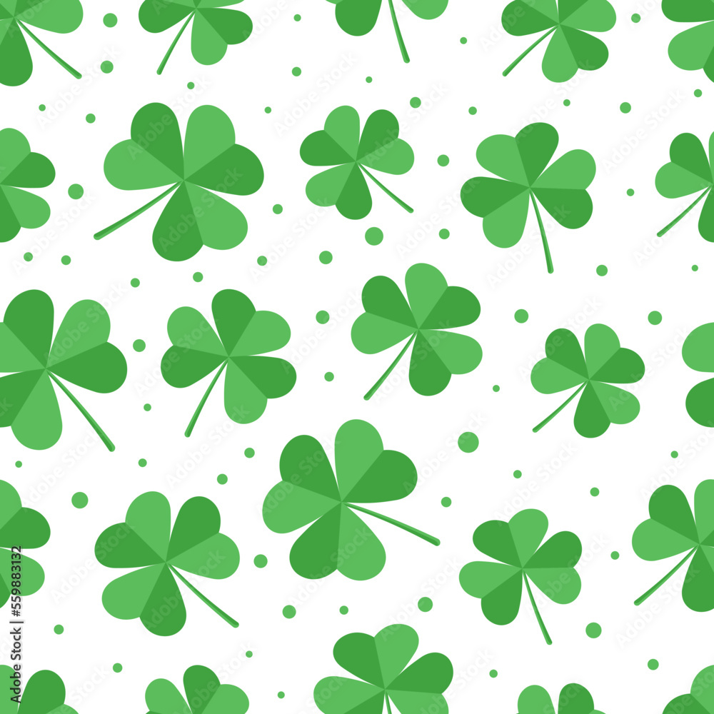 Green clover leaves seamless pattern on white background