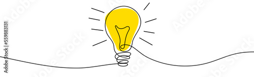 Turned on Lightbulb. Yellow continuous one line drawing of electric light bulb. Concept of idea emergence. Vector illustration