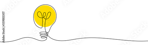 Turned on Lightbulb. Yellow continuous one line drawing of electric light bulb. Concept of idea emergence. Vector illustration