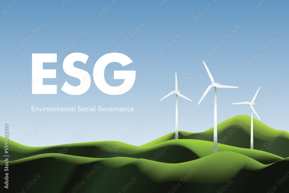 Landscape with wind turbines. Environmental Social Governance illustration. Sustainable growth, solving environmental, social, and corporate management. - obrazy, fototapety, plakaty 