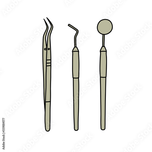 dental diagnosis instrument kit doodle icon, vector color line illustration