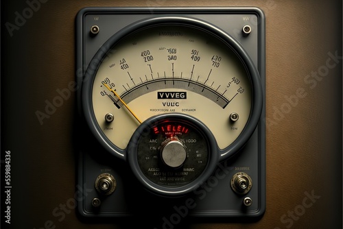  a close up of a meter on a wall with a brown background and a yellow needle pointing to the left side of the meter, and a yellow needle pointing to the left side of the meter.