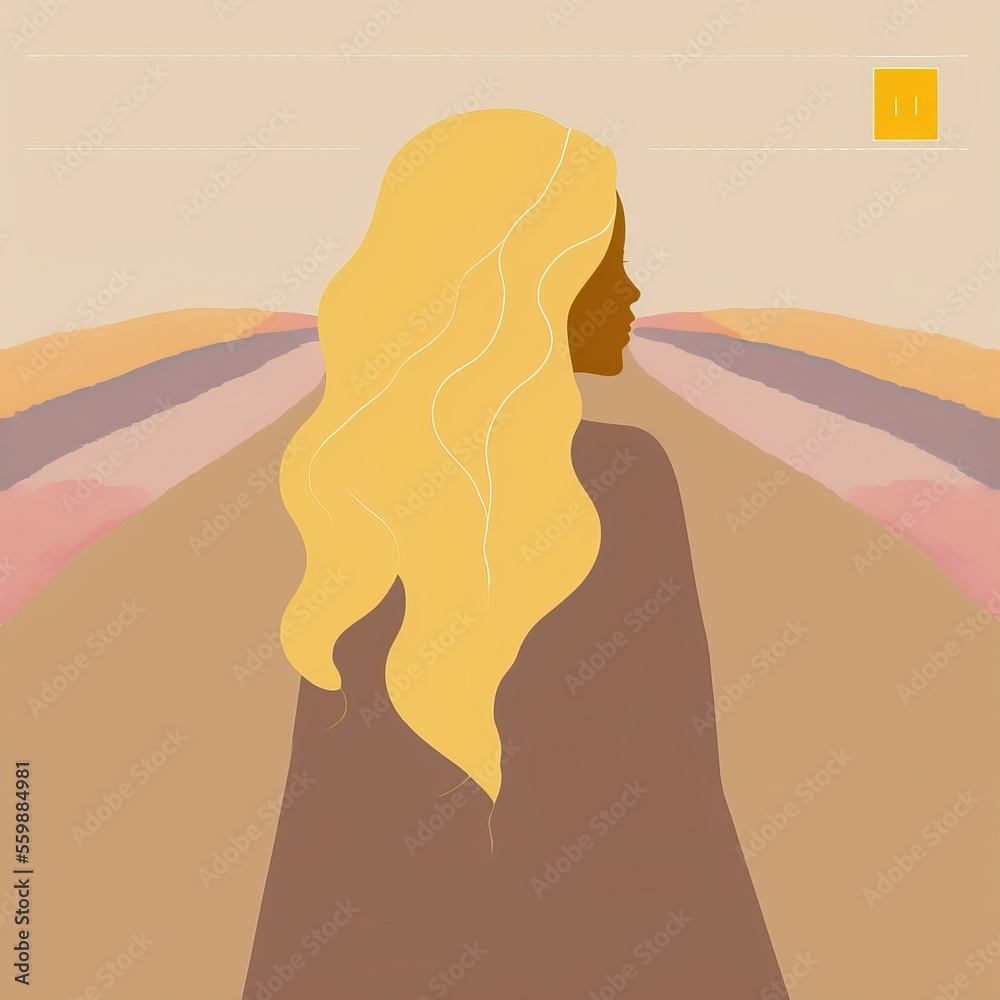 Minimalist Design Woman With Long Blonde Wavy Hair From Behind With No Face Walking Down A Road