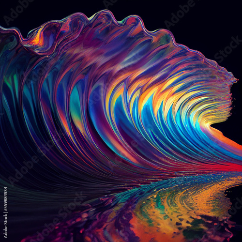 Magic iridescent waves, oil slick ocean like dreamy oneiric, abstract ocean holographic ripples digital liquid rainbows trippy psycadelic, psychedelic, iridecent,  (generative AI, AI) photo