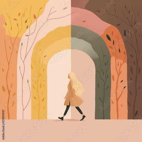 minimalist design woman with long blonde wavy hair from behind with no face walking down a road with a large muted boho rainbow AI assisted finalized in Photoshop by me 